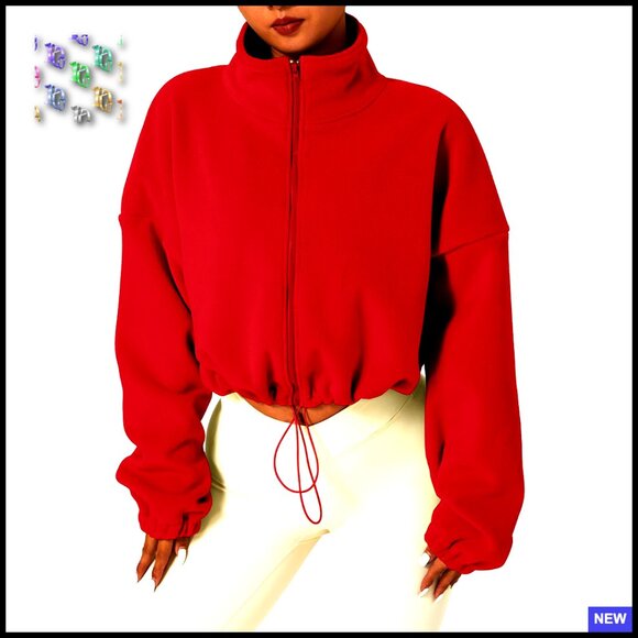 Full Zip Fleece Short Jacket Cropped Sherpa Stand Collar Winter Active Wear